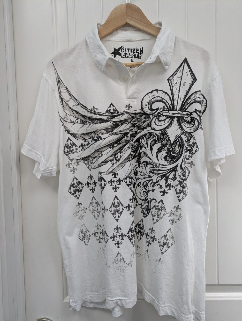 Citizen Earth White Polo with Black Fleur-de-Lis Graphic